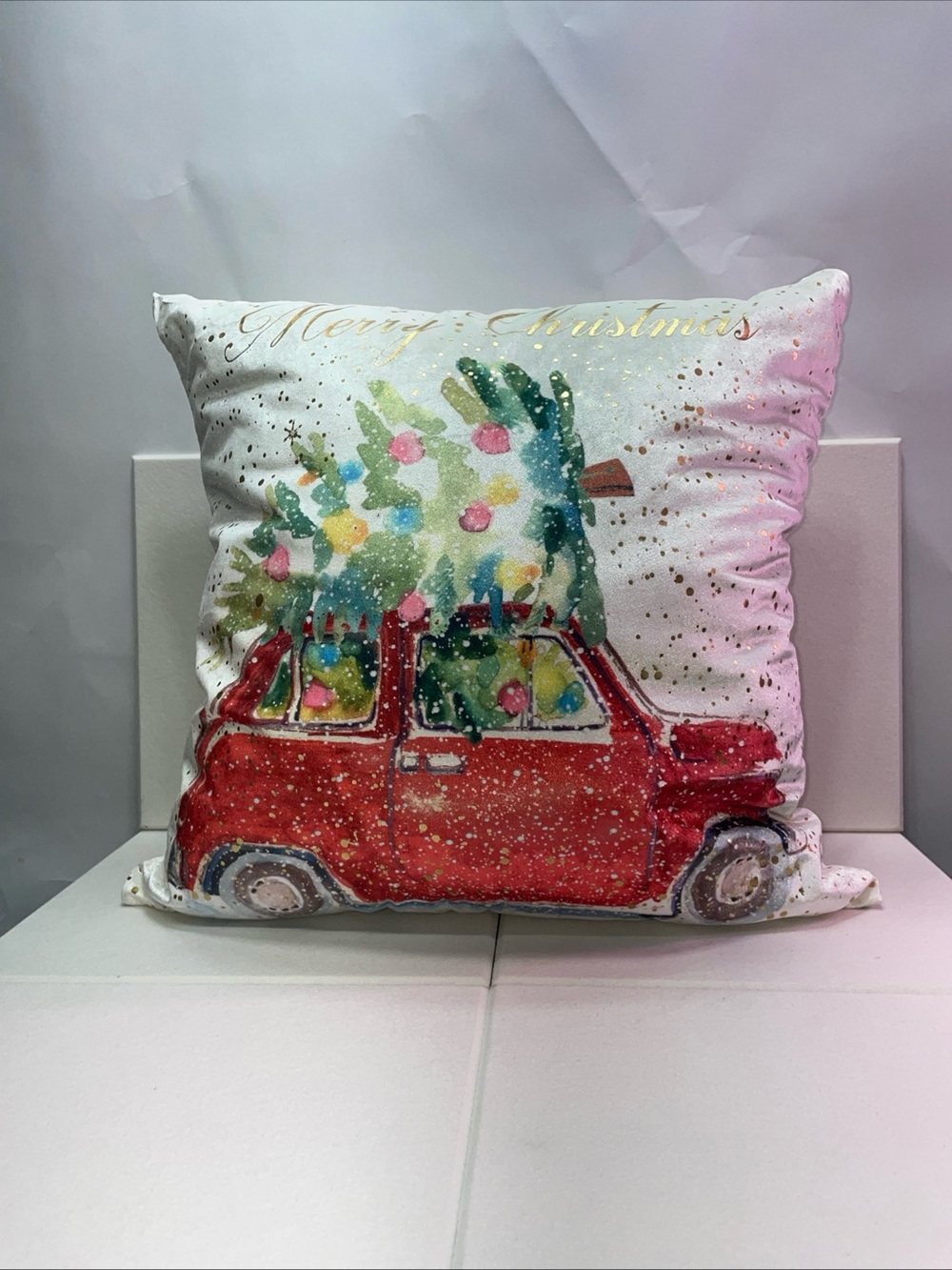 Red Car Christmas Throw Pillow with Tree Design